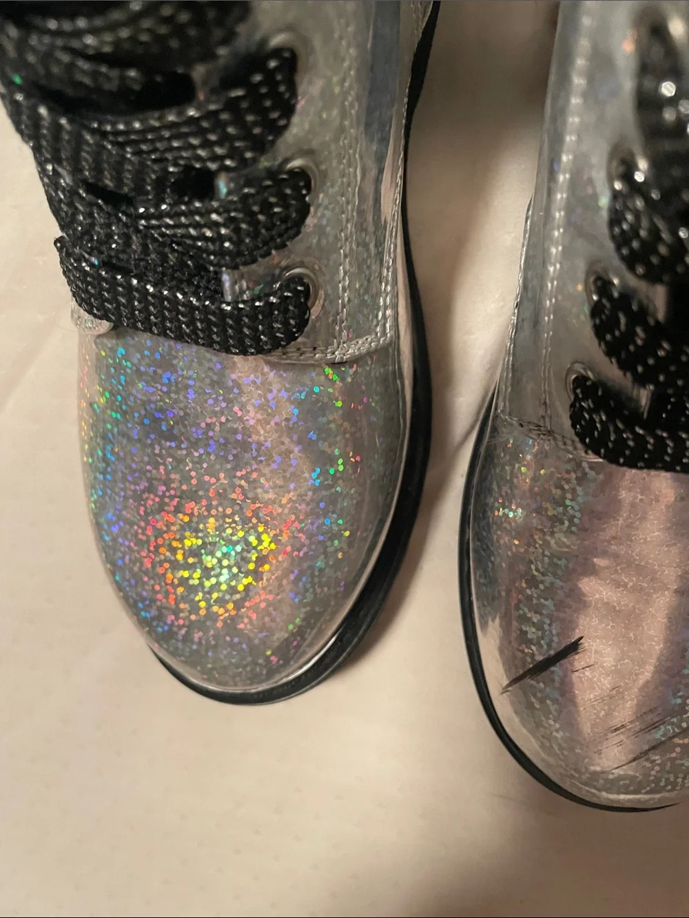 Kids Holographic Silver Sparklr Lace-Up and Zip Boots.